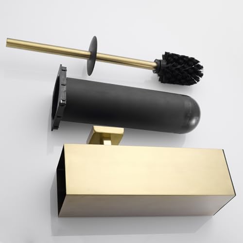 Toilet Brush Set - Brushed Gold, Wall-Mounted Holder, Cleaning Brush Head, and Splash Guard - color: Brushed Gold