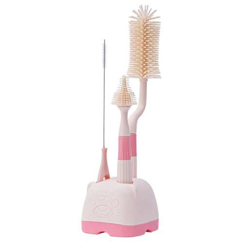 3 in 1 Baby Silicone Bottle Brush Set, Multipurpose Bottle Cleaner, Bottle Brush with Storage Holder, Food Grade Silicone, Effortless Scrubbing, Baby Bottle Cleaning Brush (Cream) - color: Cream
