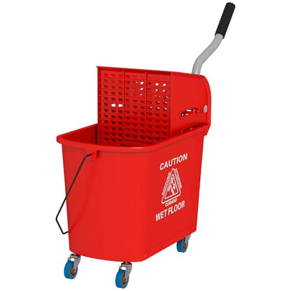 21 Quart Mop Bucket with Wringer on Wheels, Dual Water Cleaning Bucket with Separate Dirty and Clean Water, Rolling Commercial Floor Cleaning System (Red) - color: Red