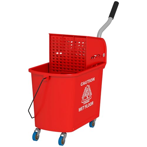 21 Quart Mop Bucket with Wringer on Wheels, Dual Water Cleaning Bucket with Separate Dirty and Clean Water, Rolling Commercial Floor Cleaning System (Red) - color: Red