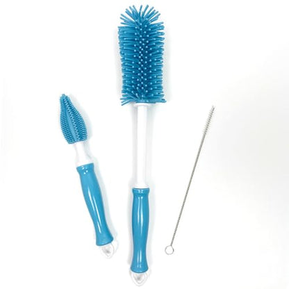 Three-Piece Cleaning Brush Set – Premium Straight Handle Silicone Bottle Cleaning Brush Kit for Cups, Bottles & Travel,Blue - color: Blue