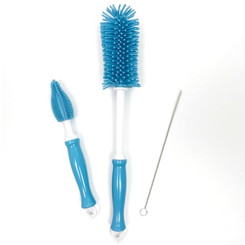 Three-Piece Cleaning Brush Set – Premium Straight Handle Silicone Bottle Cleaning Brush Kit for Cups, Bottles & Travel,Blue - color: Blue