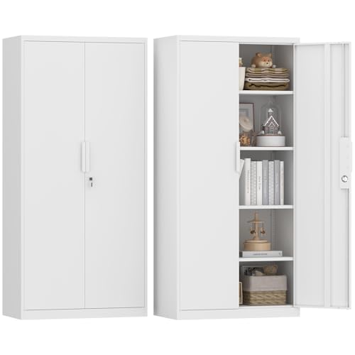 GREATMEET Metal Garage Storage Cabinets, 72" H Locking Garage Cabinets with 2 Doors and 4 Shelves, Utility Cabinet for Office, Garage, Home, Gym, School, White - color: White, size: 72"H × 34"W × 18"D-Garage
