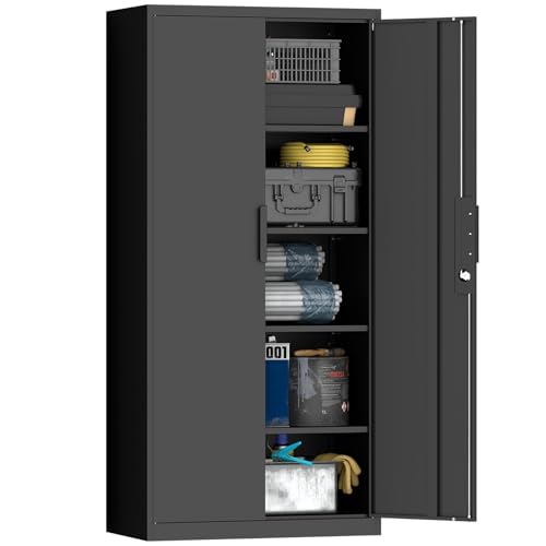 GREATMEET Metal Garage Storage Cabinet with 2 Doors and Shelves - 72" x 34" x 18" Steel Lockable File Cabinet, Black Locking Tool Cabinets for Office Home Garage Gym School - color: Black, size: 72"H