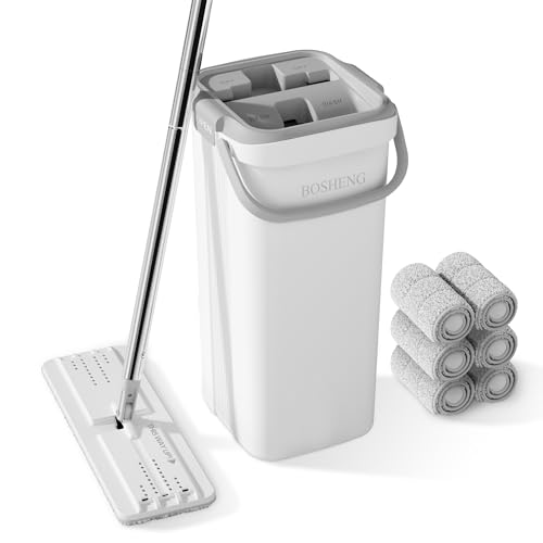 BOSHENG Mop and Bucket Set, Flat Mops for Floor Cleaning, Wall Mop with 60" Extensible Handle, Hardwood Floor Mop with 6 Microfiber Pads - color: White, size: 1 Bucket [White] + 60" Mop + 6 Grey Pads