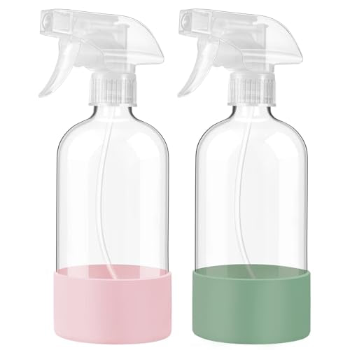 JohnBee Glass Spray Bottles with Silicone Sleeve, 2 Pack16 oz Empty Refillable Containers with Adjustable Spray Nozzles, Spray Bottles for Hair, Cleaning Solutions and Plants Olive Green&Pink - color: Olive Green&Pink