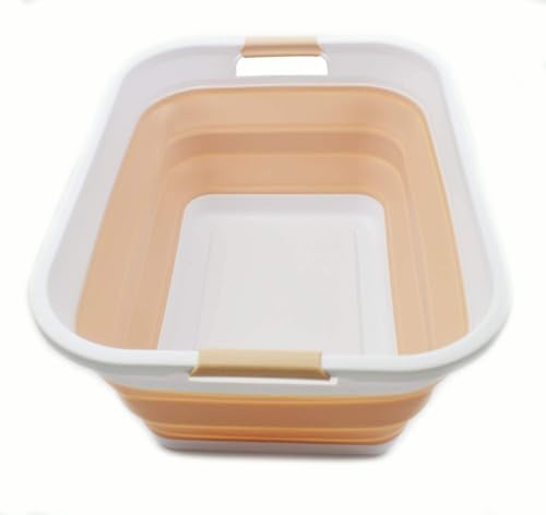 SAMMART 41L (10.8 gallon) Collapsible Plastic Laundry Basket - Foldable Pop Up Storage Container/Organizer - Portable Washing Tub - Water capacity: 32L (8.4 gallon) (Rectangular, White/Beige) - color: White/Beige