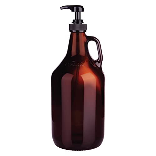 Large Amber Pump Bottle for Salons, Shampoo, Conditioner, Hair Serum, Gel - Half Gallon Glass Jug Pump Dispenser - 64 oz Capacity - Pack of 1- by Kitchentoolz