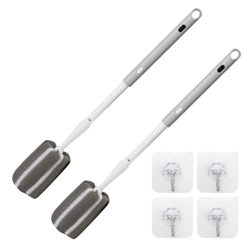 Sponge Bottle Brush Adjustable Long Handle Up to 14.5” 2-Pack | 14.5" Adjustable Long Handle; Dual-Action Scouring Pad & Sponge Head; Ultra-Powerful Cleaning; Wall Hanging with 4 Hooks