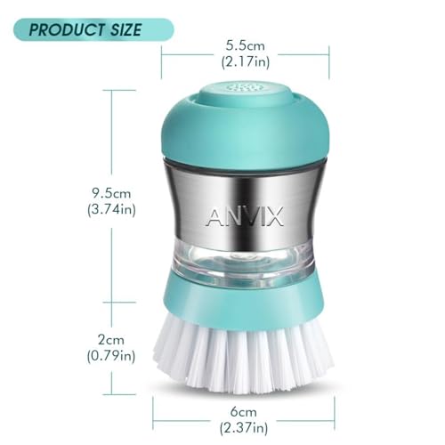 Soap Dispensing Palm Brush – Ergonomic Scrub Brush with Handle – Heavy-Duty Dish Scrubber with Soap Dispenser - Scrub Brushes for Cleaning with Push Button Soap Dispensing-Tiffany Blue