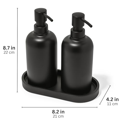Matte Black Round Soap Dispenser Set with Tray for Kitchen, Countertop & Bathroom – 2 Pack 15 oz Refillable Resin Pump Bottle for Dish Soap, Hand Soap, Shampoo, Conditioner – Non-Slip Protective Pads - color: Black, style: Round Soap Dispenser Set with Tr
