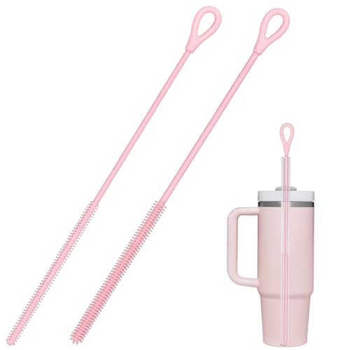 Silicone Straw Cleaner Brush, 2-Pack Extra Long Bristles Cleaner for Cleaning Stanley, Metal, Glass Straws, Drink Lids (Pink)