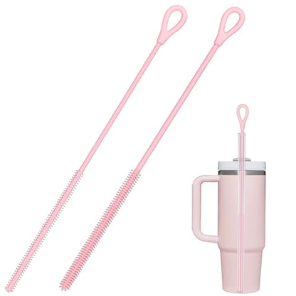 Silicone Straw Cleaner Brush, 2-Pack Extra Long Bristles Cleaner for Cleaning Stanley, Metal, Glass Straws, Drink Lids (Pink)