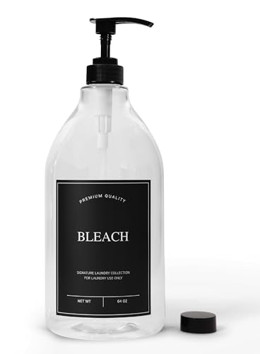 Calindiana Modern Farmhouse Bleach Liquid Laundry Detergent Dispenser for Laundry Room Decor and Organization, PET Plastic Landry Soap Containers with Water Resistant Label, Clear 64oz - color: Clear Bottle/Black Label, style: BLEACH