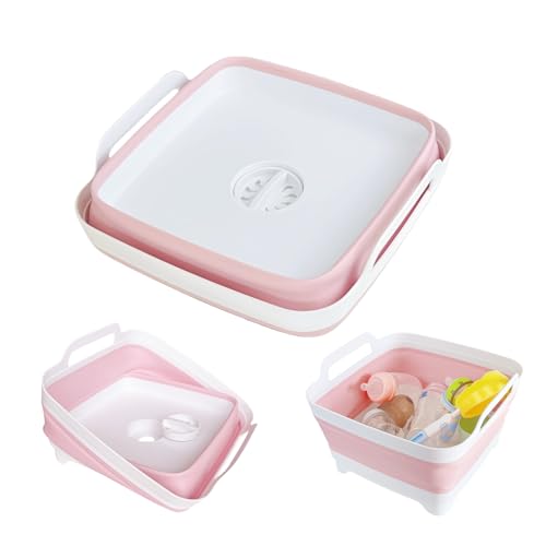 GIMWA Collapsible Wash Basin with Drain Plug - 2.4 Gallon Foldable Kitchen Sink for Baby Bottles, RV Camping, Space-Saving Dish Tub (Gray-Pink) - color: Gray-pink
