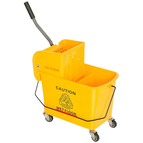21 Quart Mop Bucket with Wringer on Wheels, Dual Water Cleaning Bucket with Separate Dirty and Clean Water, Rolling Commercial Floor Cleaning System (Yellow) - color: Yellow