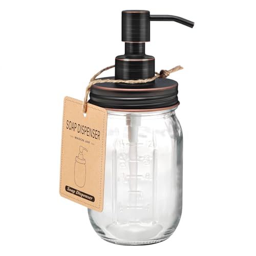 Amolliar Mason Jar Liquid Soap Dispenser, 16 OZ Lotion Glass Dispenser, Cute Farmhouse Decor for Kitchen, Bathroom, Refillable Dispenser for Hand Soap, Dish Soap, Lotion Soap, Oil Rubbed Bronze 1 Pack - color: Oil Rubbed Bronze, size: 1 Pack