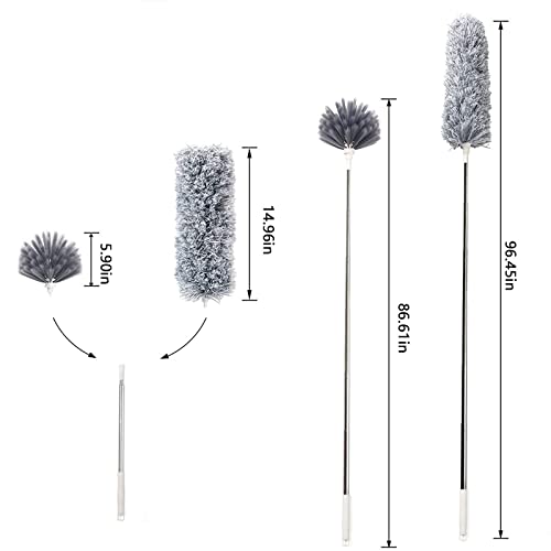 Microfiber Feather Duster Extendable Duster with 100'' Extra Long Stainless Steel Pole and Wire Brush Head, Bendable Head & Long Handle Dusters for Cleaning Ceiling Fan, Blinds, Furniture, Cars