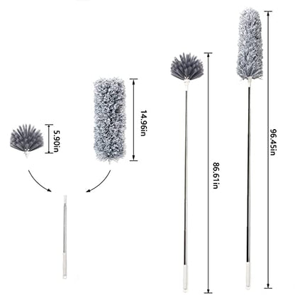 Microfiber Feather Duster Extendable Duster with 100'' Extra Long Stainless Steel Pole and Wire Brush Head, Bendable Head & Long Handle Dusters for Cleaning Ceiling Fan, Blinds, Furniture, Cars