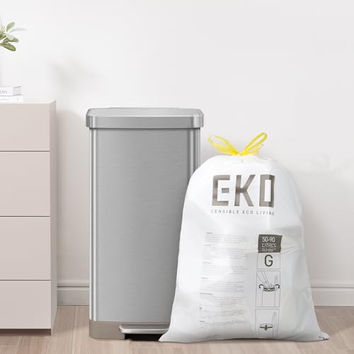 EKO 21 Gallon / 50-90 Liter, 60 Count Drawstring Trash Bags, Extra-Strong Garbage Bags, Lemon Zest Scent with Continuous Odor Control, Easy-Dispense Roll for Kitchen and Household Use, Code G, White - size: 60 Count (Pack of 1), style: 21 Gallon Bags/Code