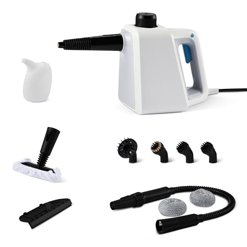 Amazon Basics Handheld Steam Cleaner for Home with 9 Accessories, Powerful 1000W Steam Shot, 8.5oz Tank, 12ft Cord, White - style: Handheld Cleaner