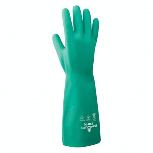 SHOWA 730 Chemical Resistant Gloves, 15-mil Nitrile with Cotton Flock Liner, 13-inch Extended Gauntlet, Bisque Grip, CE Cat III & Food Safe, Green, X-Large, Vending Pack, 12-Pack - size: X-Large, style: Vending 12-pack