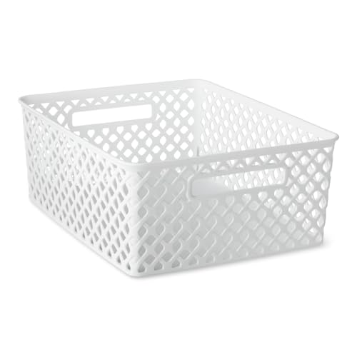 Medium Decorative Plastic Storage Basket, White Organizer Bin, 14 x 11.5 x 5.3 Inches for Home, Closet, Bathroom, Kitchen Organization