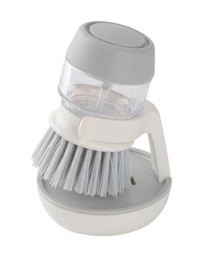 Soap Dispensing Palm Brush with Storage Stand - Self-Draining Kitchen Scrub Brush Set for Dishes & Pans, Push Button Cleaning Brush with Refillable Dispenser, 3.3 x 4.9 Inches, White & Grey