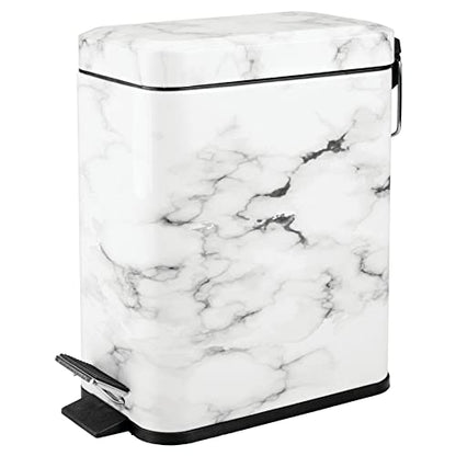 mDesign Small Modern 1.3 Gallon Rectangle Metal Lidded Step Trash Can, Compact Garbage Bin with Removable Liner Bucket and Handle for Bathroom, Kitchen, Craft Room, Office, Garage - White Marble - color: White Marble, size: 1.3 Gallon