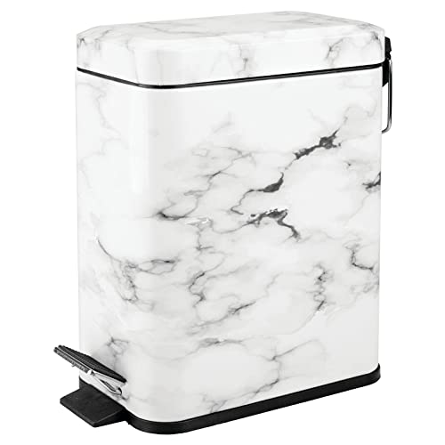 mDesign Small Modern 1.3 Gallon Rectangle Metal Lidded Step Trash Can, Compact Garbage Bin with Removable Liner Bucket and Handle for Bathroom, Kitchen, Craft Room, Office, Garage - White Marble - color: White Marble, size: 1.3 Gallon