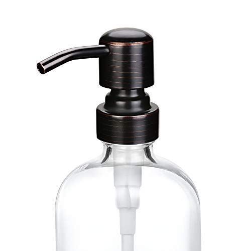 2 Pack Thick Clear Glass Boston Round Bottles /Oil Rubbed Bronze Stainless Steel Pumps, 16 Ounce Jar Soap Dispenser with Rustproof Pump for Essential Oil, Liquid Soap - color: Black and Clear