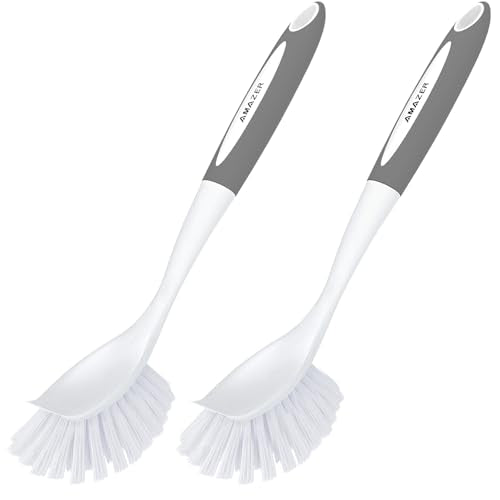 Amazer Dish Brush with Handle, 2 Pack Kitchen Scrub Brushes for Cleaning, Dish Scrubber with Stiff Bristles for Sink, Pots, Pans (Grey+Grey) - color: Grey+grey, size: 2 Pack