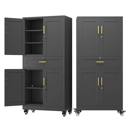 71" Tall Metal Garage Storage Cabinet with Wheels and Drawer, Steel Lockable File Cabinet with 3 Adjustable Shelves, Heavy Duty Locking Tool Cabinets for Garage, Home, Office, Gym, School (Black) - color: Black, size: 71"H - Drawer