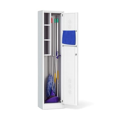 Metal Cleaning Cabinet with Lock – Broom Storage Cabinet with Tool Holders & Shelves – Slim Steel Utility Cabinet for Broom, Mop & Household Supplies – Grey
