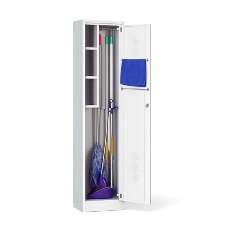 Metal Cleaning Cabinet with Lock – Broom Storage Cabinet with Tool Holders & Shelves – Slim Steel Utility Cabinet for Broom, Mop & Household Supplies – Grey