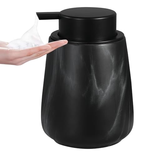 12Oz Foaming Hand Soap Dispenser - Ceramic Bathroom Foam Soap Dispenser with Easy-to-Press Black Pump, Refillable Lotion Hand Soap Dispenser, Dish Soap Dispenser for Kitchen, Marble Black - color: Marble Black, style: Foam Pump
