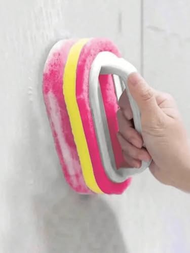 Ergonomic Long Handle Sponge Brush Set Durable Scouring 3 Pack Pad Shower Scrubber for Bathroom Bathtub Tile Grout Kitchen Sink Pot Cleaning Tool Non Scratch Heavy Duty Wand (Hot Pink) - color: Hot Pink