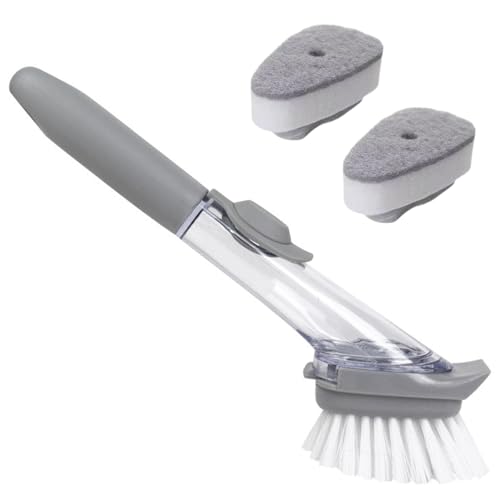 Dish Brush,Dish Scrubber with Soap Dispenser Dish Wand Kitchen Brushes for Dishes Includes Three Brush Heads
