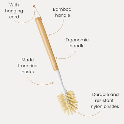 Vigar Zeroline 13.9" Bamboo Bottle Brush With Long Handle - Water Bottle Brush for Glassware, Tumblers, Jars and Vases, Kitchen Dish Scrubber, Wooden Bottle Cleaner, Dish Brush for Sink, Kitchen Brush - size: 13.9- Inches