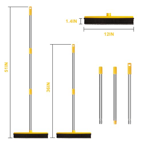 Rubber Broom for Pet Hair Removal, Carpet rake with Squeegee for Cleaning Pet Hair, 52 inch Long Handle Rubber Broom,Dual-Sided for Small Fluff Carpet, Hardwood Floor, Tile,Orange