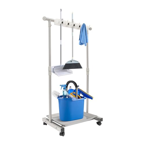Wet Mops Rack Movable Broom Holder, Movable Closet Storage Cabinet Mop Rack with 5 Slots 6-Hook, Floor Standing Cleaning Tool Racks for Garden Garage Schools Hotels Hospitals Property Companies