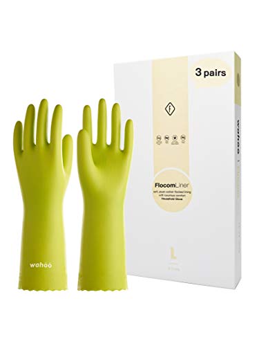 LANON 3 Pairs wahoo Skin-Friendly Cleaning Gloves, Dishwashing Kitchen Gloves with Cotton Flocked Liner, Reusable, Non-Slip, Bud Tender, Medium - color: Bud Tender, size: Medium (Pack of 3)