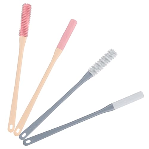 4-Pack Silicone Foot Scrubber & Toe Cleaning Brush with 15.3" Long Handle - No-Bend Shower Design for Seniors & Men & Women (Pink & Grey)
