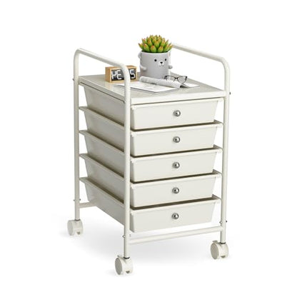 5-Tier Rolling Cart with 5 Drawers, Rolling Utility Cart with 2 Lockable Caster Wheels, Multipurpose Mobile Rolling Storage Drawer Cart for Office Bathroom Kitchen, Ivory White - size: White, 5-Tier