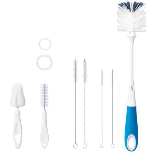 7 Pack Baby Bottle Brush Set, 12.7" Nylon Brush with Hidden Cleaner, 5.4" Nylon & 5.7" Sponge Nipple Brushes, 4 Straw Brushes, 2 Hanging Rings, BPA-Free, Blue - color: Blue