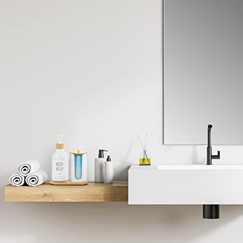 VITVITI Mouthwash Dispenser for Bathroom, Mouth Wash Pump Bottle with Paper Cup Holder, 17Oz Refillable White Mouthwash Container with Bamboo Lid/Tray/Label - color: White