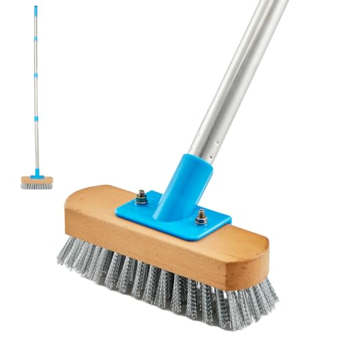 YONILL Stainless Steel Deck Scrub Brush with Long Handle - 60" Heavy Duty Floor Scrubber Brush with Pole, Moss Remover Wire Cleaning Brushes for Rough Surface, Concrete Floor, Patio, Garden, Garage - color: Blue