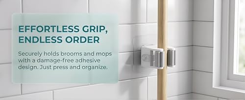 5pcs Strong Adhesive Wall Mount No-Drill Mop & Broom Holder-White - color: White