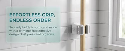 5pcs Strong Adhesive Wall Mount No-Drill Mop & Broom Holder-White - color: White