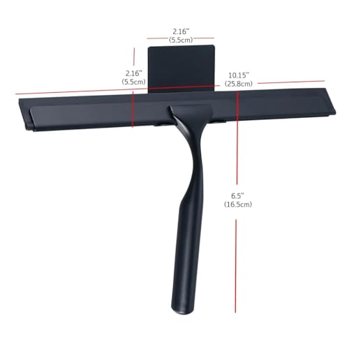 J&V TEXTILES All-Purpose Stainless Steel Shower Squeegee for Glass Doors with Adhesive Hooks, Squeegee for Shower Glass, Bathroom Household Cleaner Tool, 10 Inch (Black) - color: Black